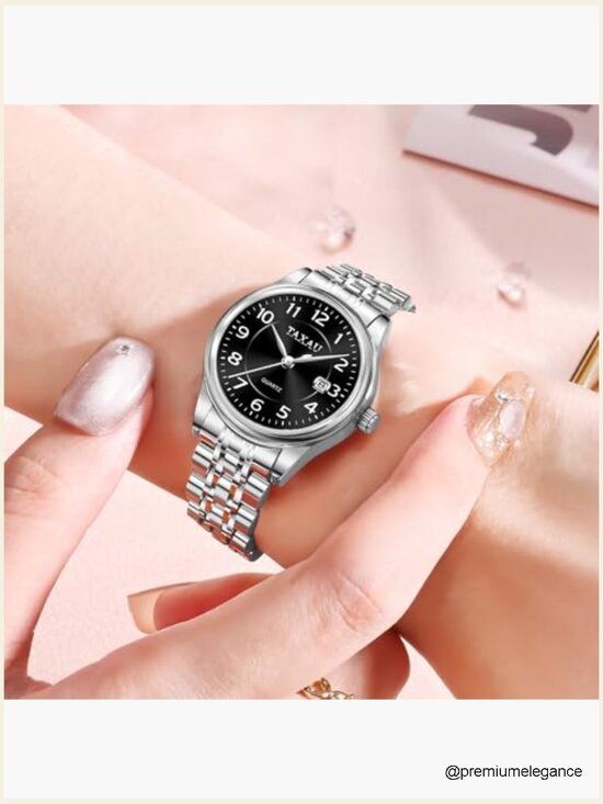 Women\'s Analog Quartz Wrist Watch with Date - Silver Stainless Steel, White